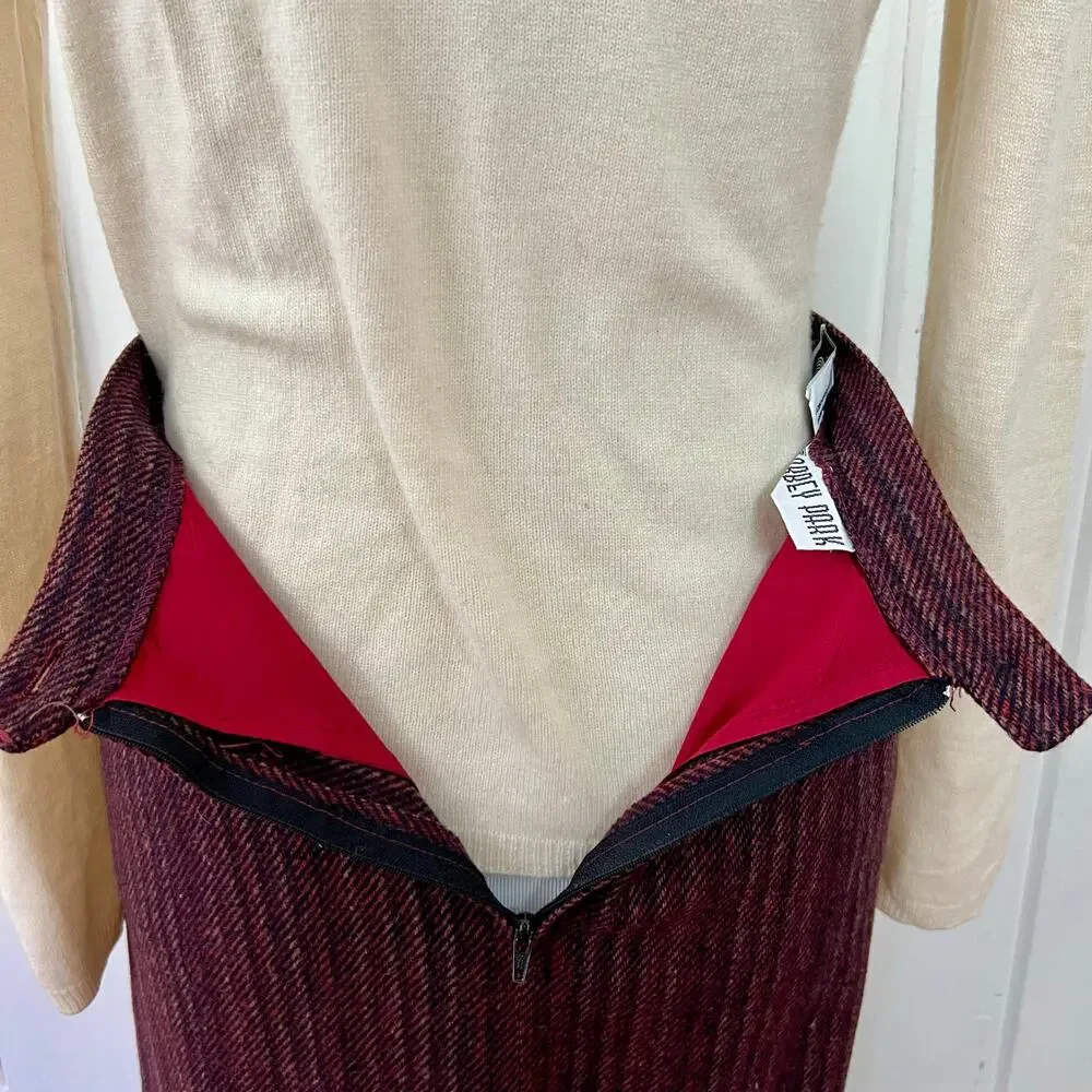Vintage 90s Abbey Park Wool Midi Skirt Burgundy High Waist Made in USA 10